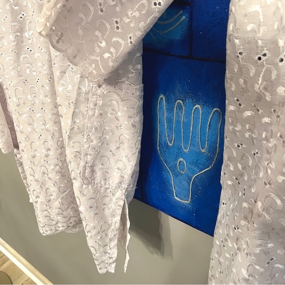 Traditional African Eyelet Dashiki Pant Set Embroidered Yoke - Light Grey/White - Picture 5 of 8